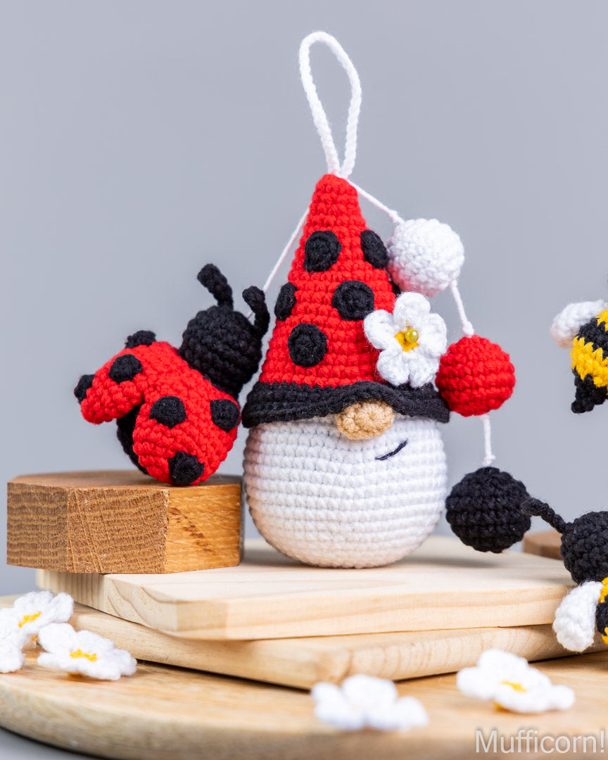 Crochet ladybug detail on gnome keychain close-up