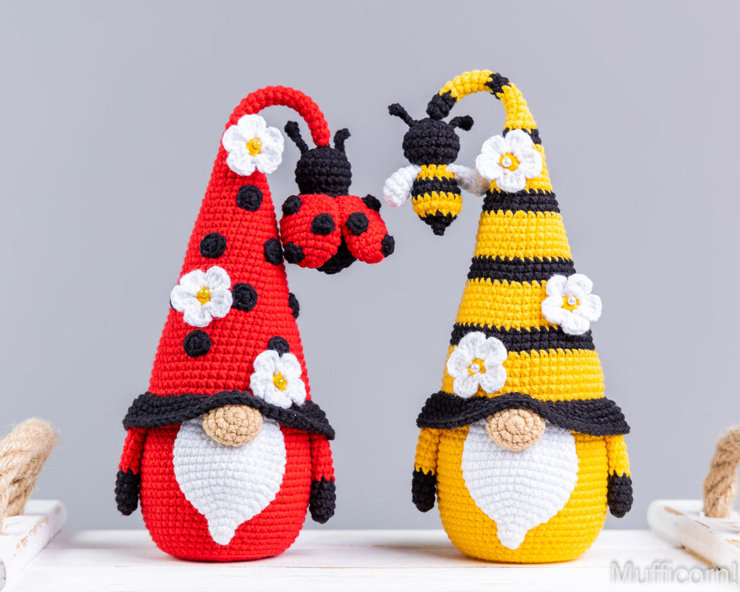 Ladybug and bee gnome crochet pattern together on table