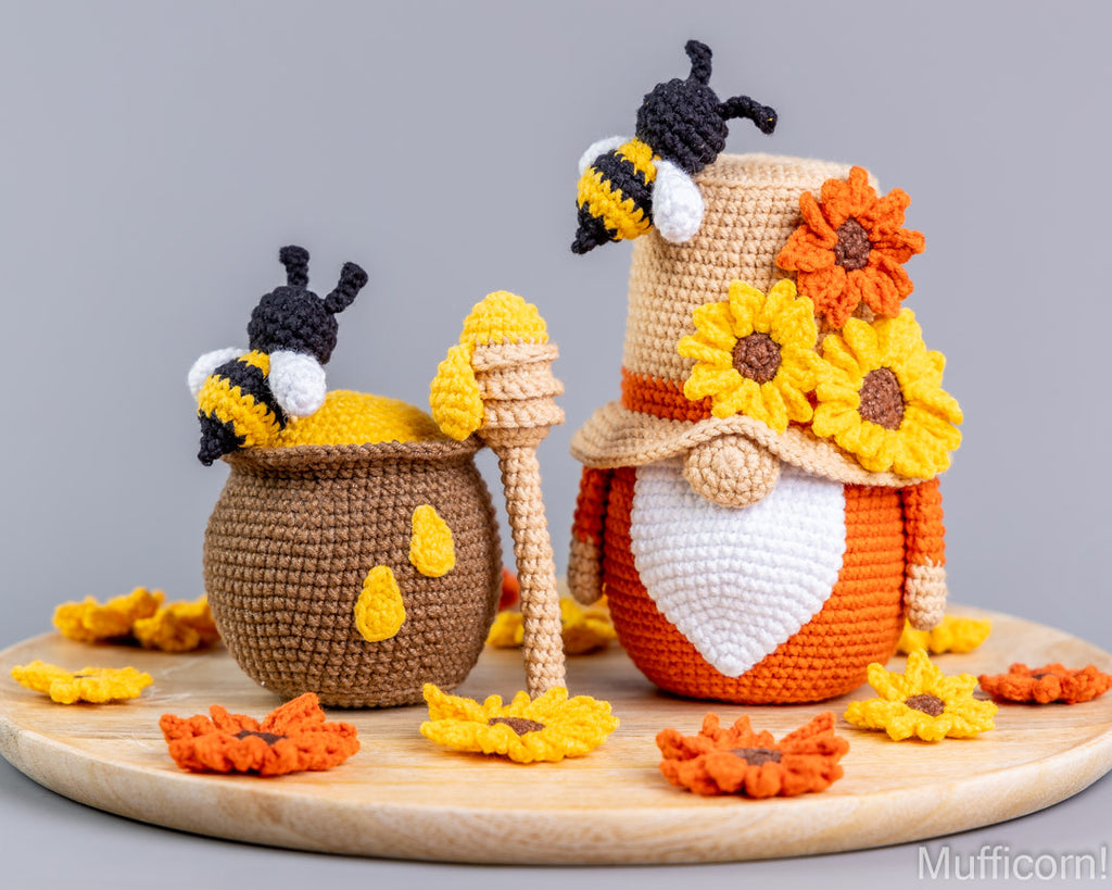 Garden gnome and honey pot crochet pattern bundle on tray