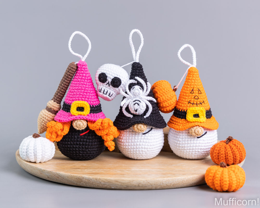 Crochet Halloween patterns bundle: Witch, Spider & Skull Gnomes