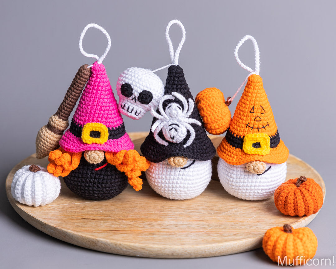 Crochet Halloween patterns bundle: Witch, Spider & Skull Gnomes