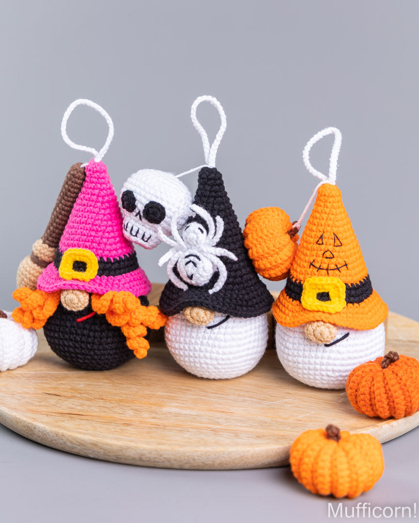 Crochet Halloween patterns bundle: Witch, Spider & Skull Gnomes