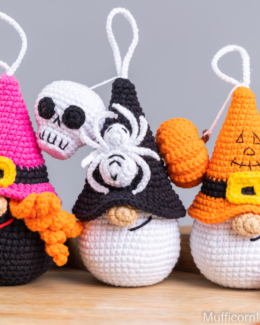 Crochet Halloween patterns bundle: Witch, Spider & Skull Gnomes