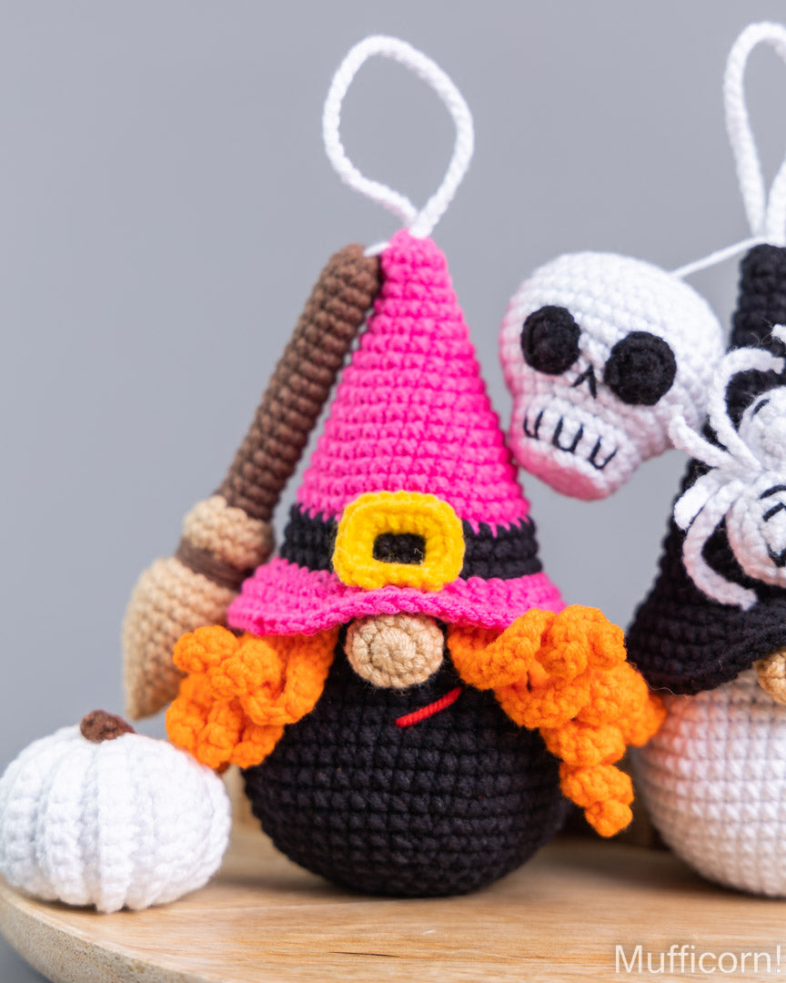 Crochet Halloween patterns bundle: Witch, Spider & Skull Gnomes