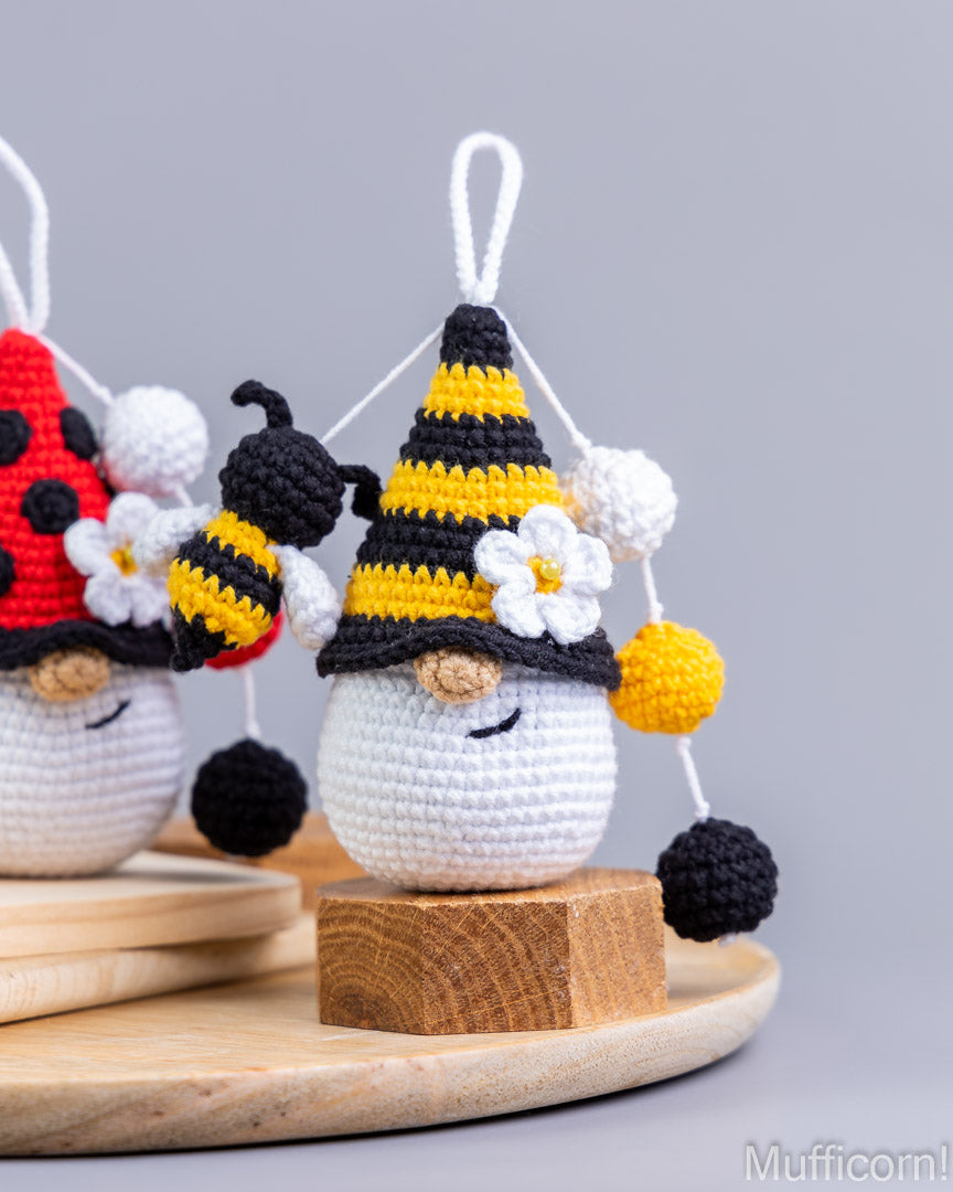 Crochet bee gnome keychain close-up