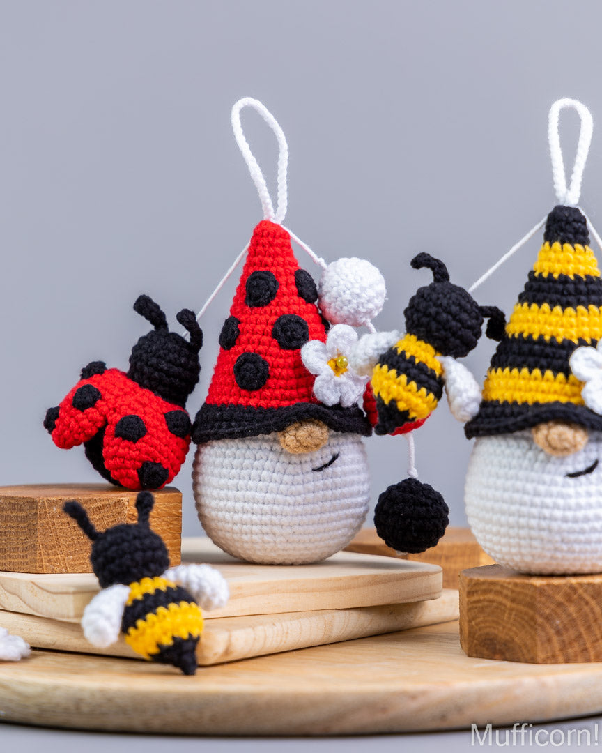 Crochet ladybug gnome keychain close-up