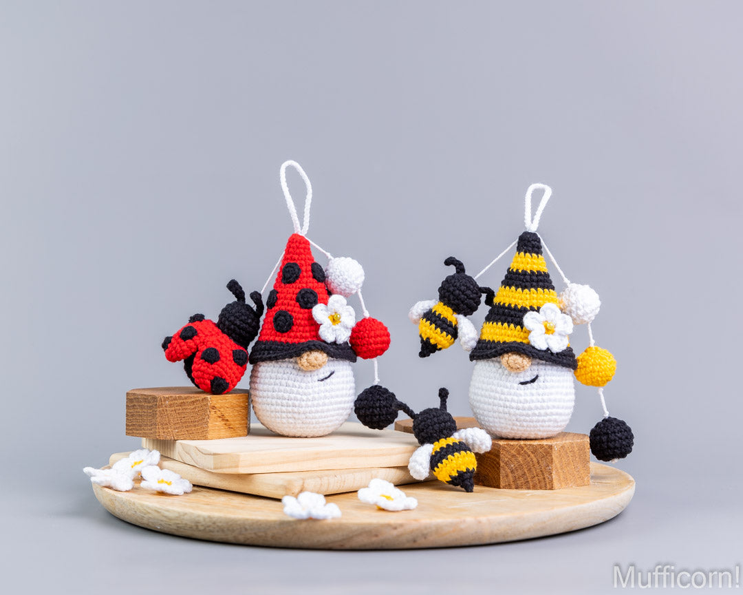 Ladybug and bee gnome keychains crochet pattern together