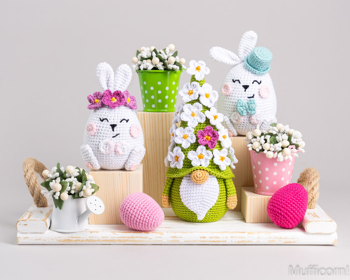 Crochet Patterns Bundle: Easter Bunnies and Flower Gnome