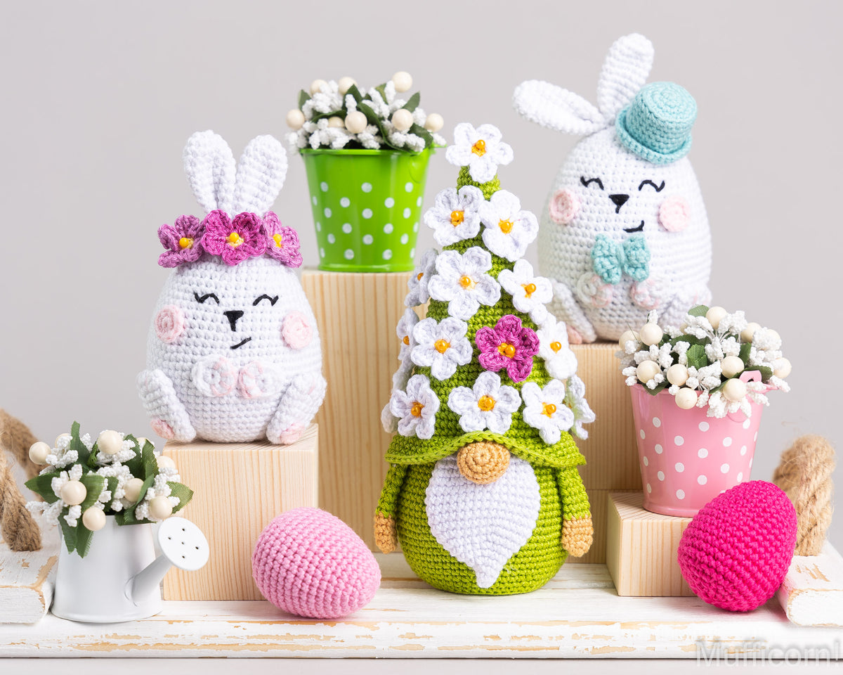 Crochet Patterns Bundle: Easter Bunnies and Flower Gnome