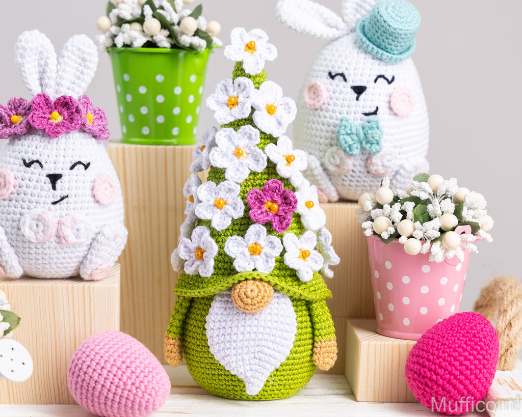 Crochet Patterns Bundle: Easter Bunnies and Flower Gnome