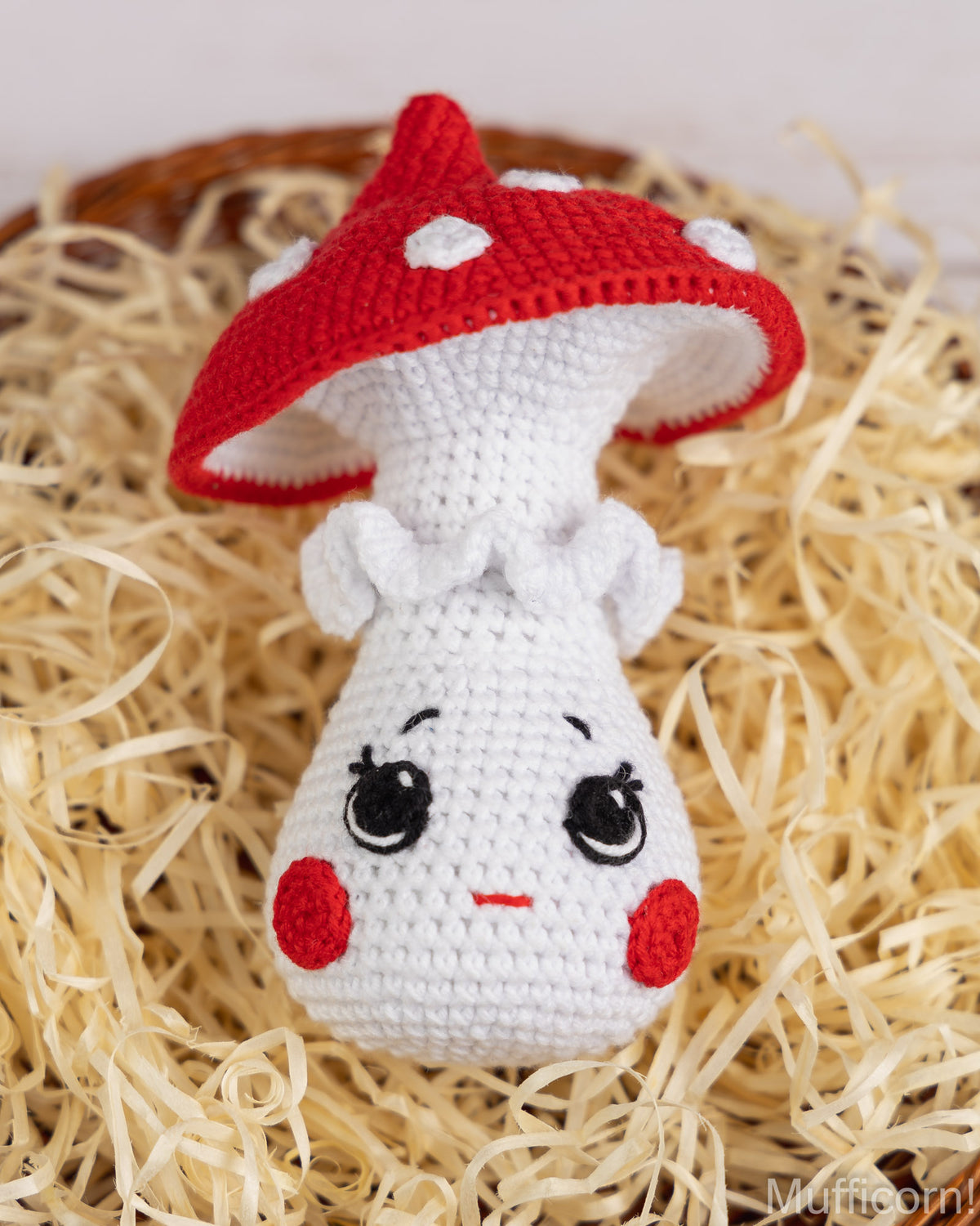 Crochet mushroom girl amigurumi lying in box