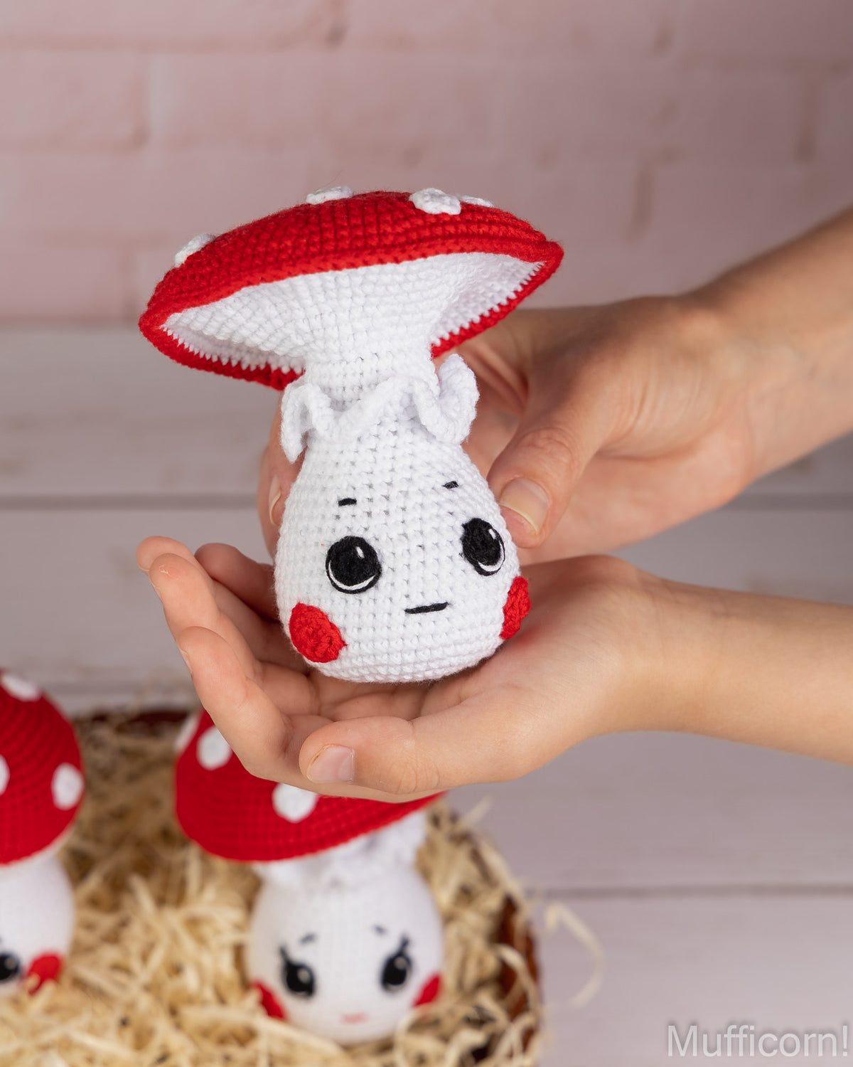 A handmade crocheted mushroom character toy being held in two hands. The toy features a white body with black embroidered eyes and mouth, and a red and white cap.
