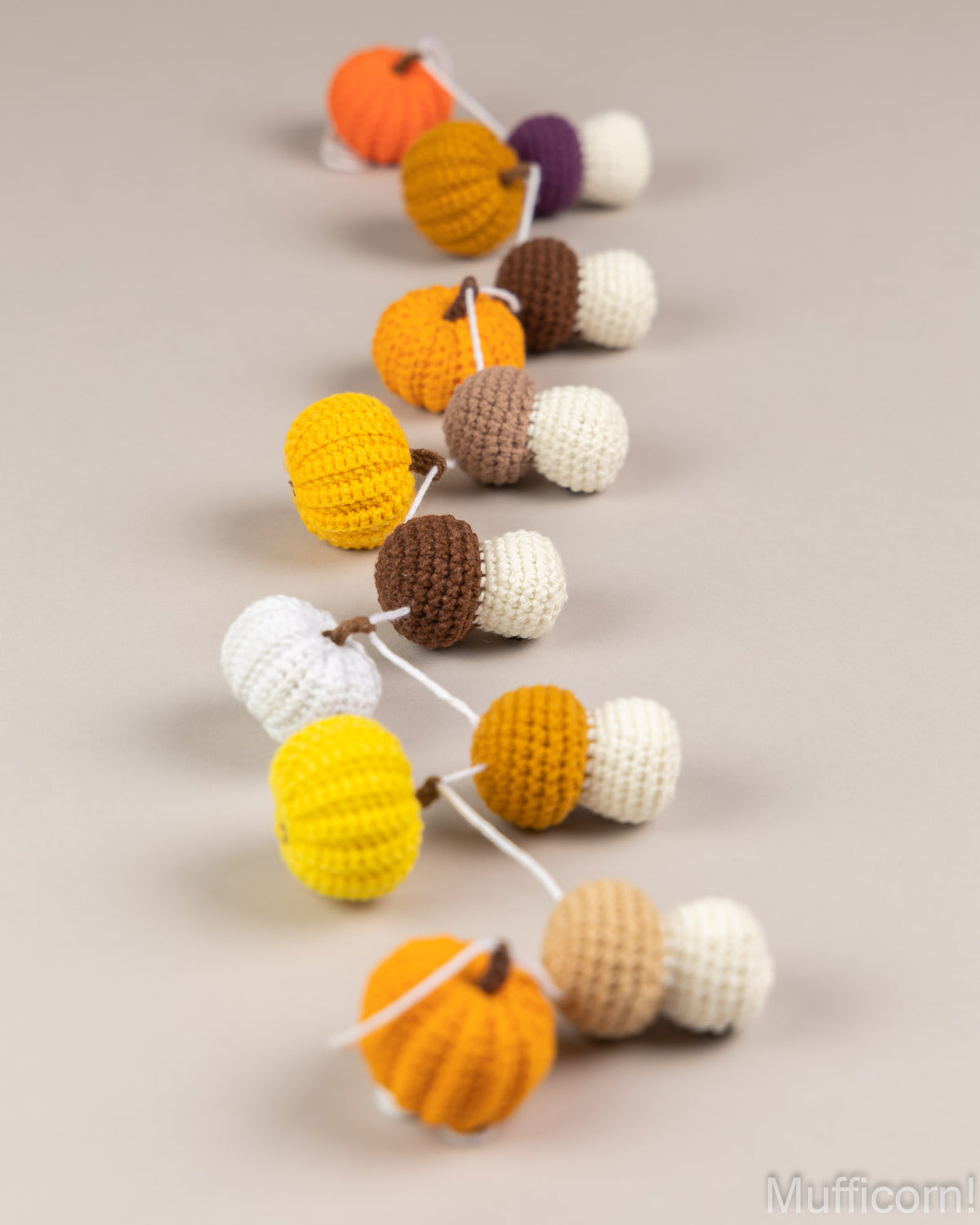 Fall amigurumi garland pumpkin and mushroom detail
