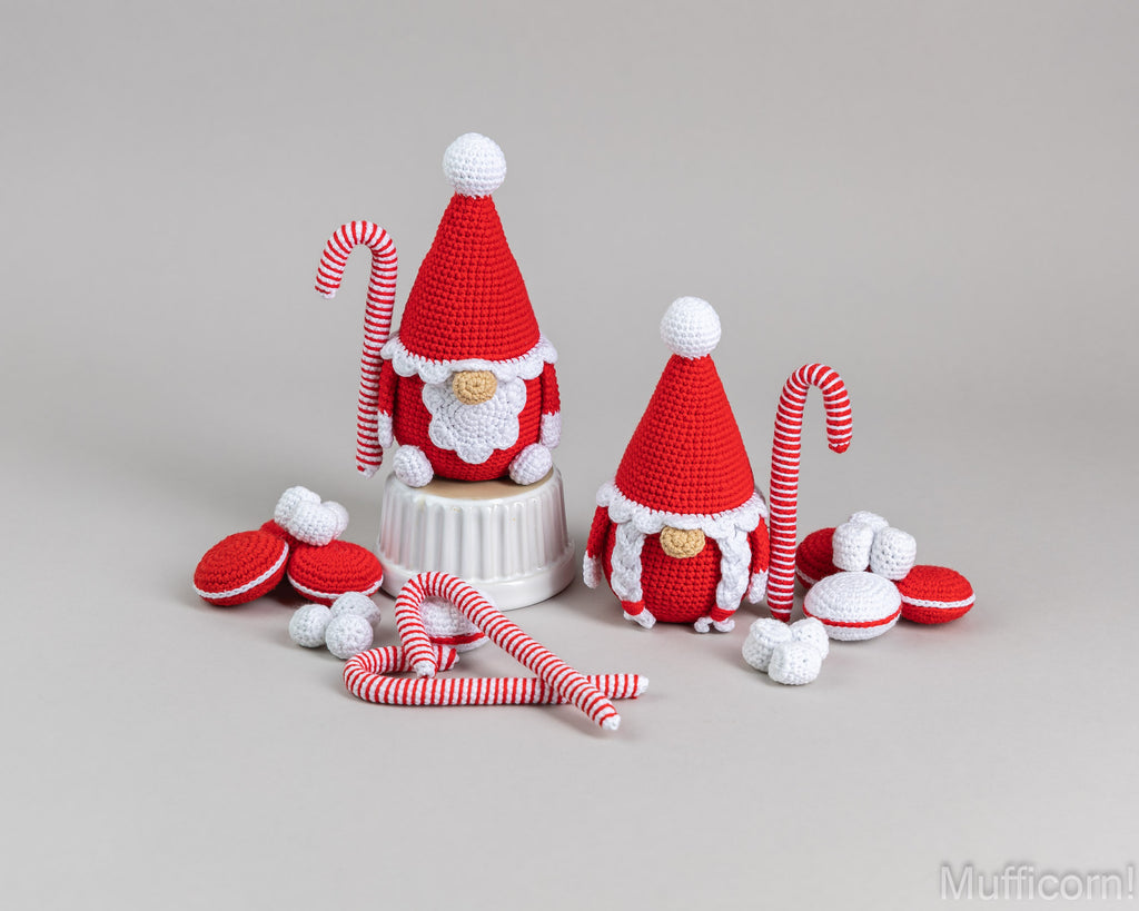 Crochet patterns Santa Gnomes and crochet candy corns, macarons and marshmallows