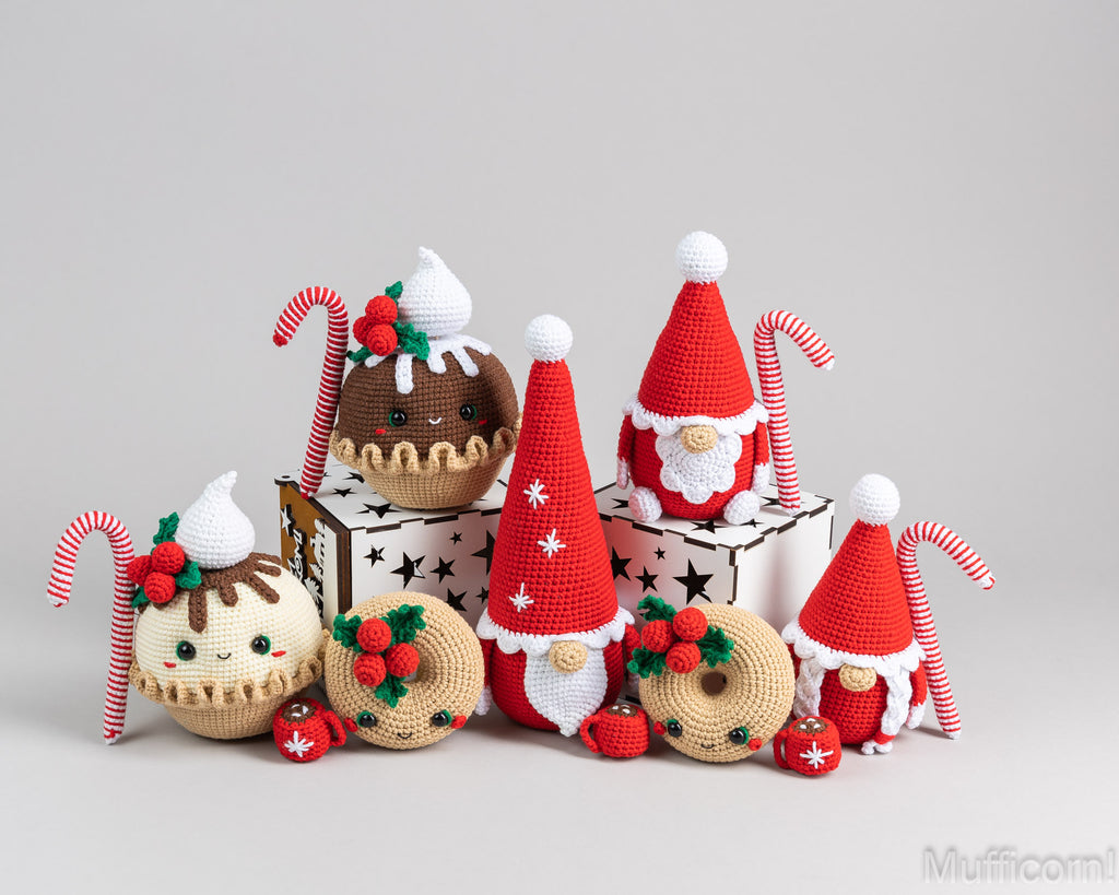 Crochet patterns bundle: Santa Gnomes, Christmas Pie, Donut and Snowflake Gnome
