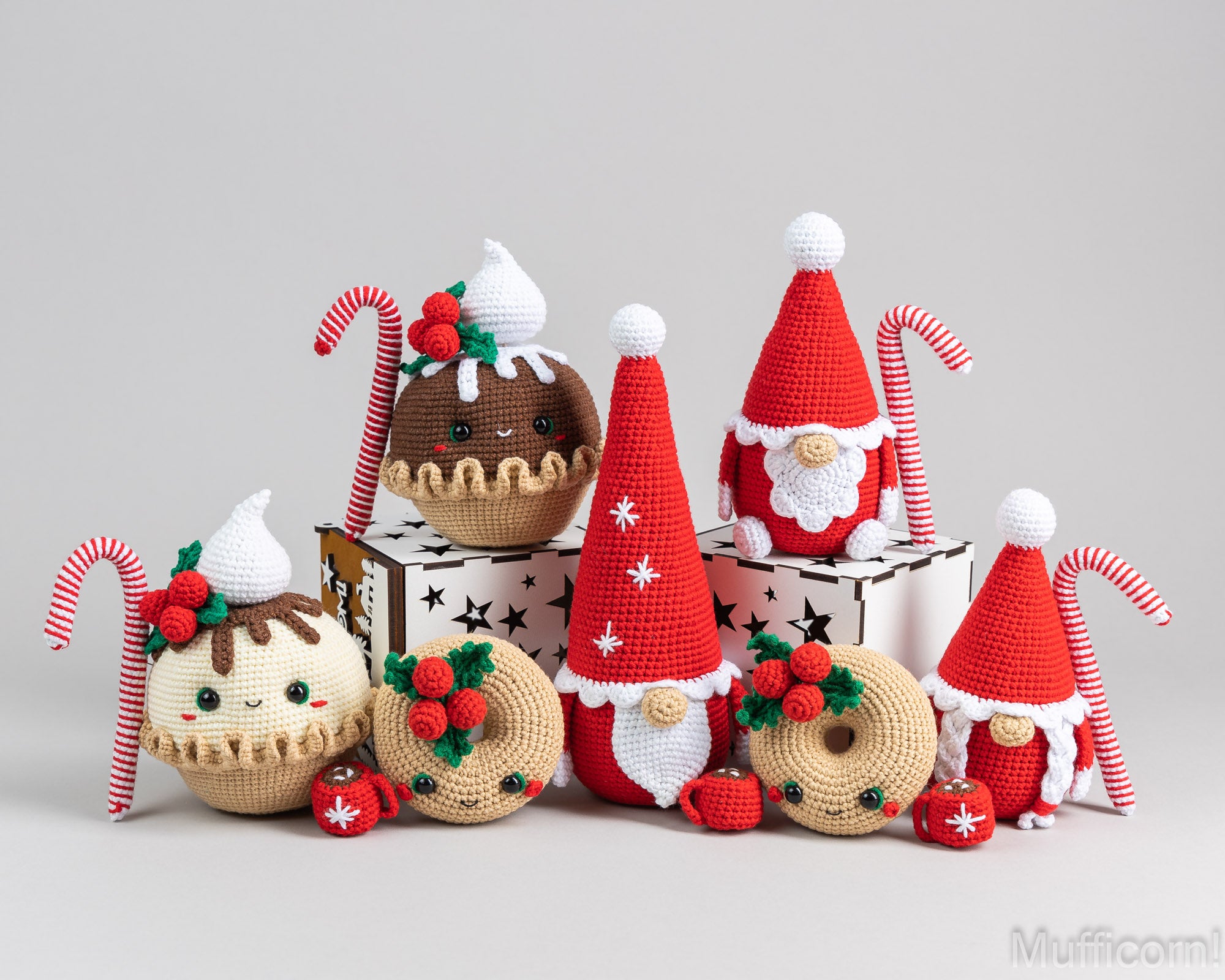 Crochet patterns bundle: Santa Gnomes, Christmas Pie, Donut and Snowflake Gnome