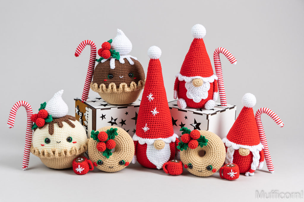 Crochet patterns bundle: Santa Gnomes, Christmas Pie, Donut and Snowflake Gnome