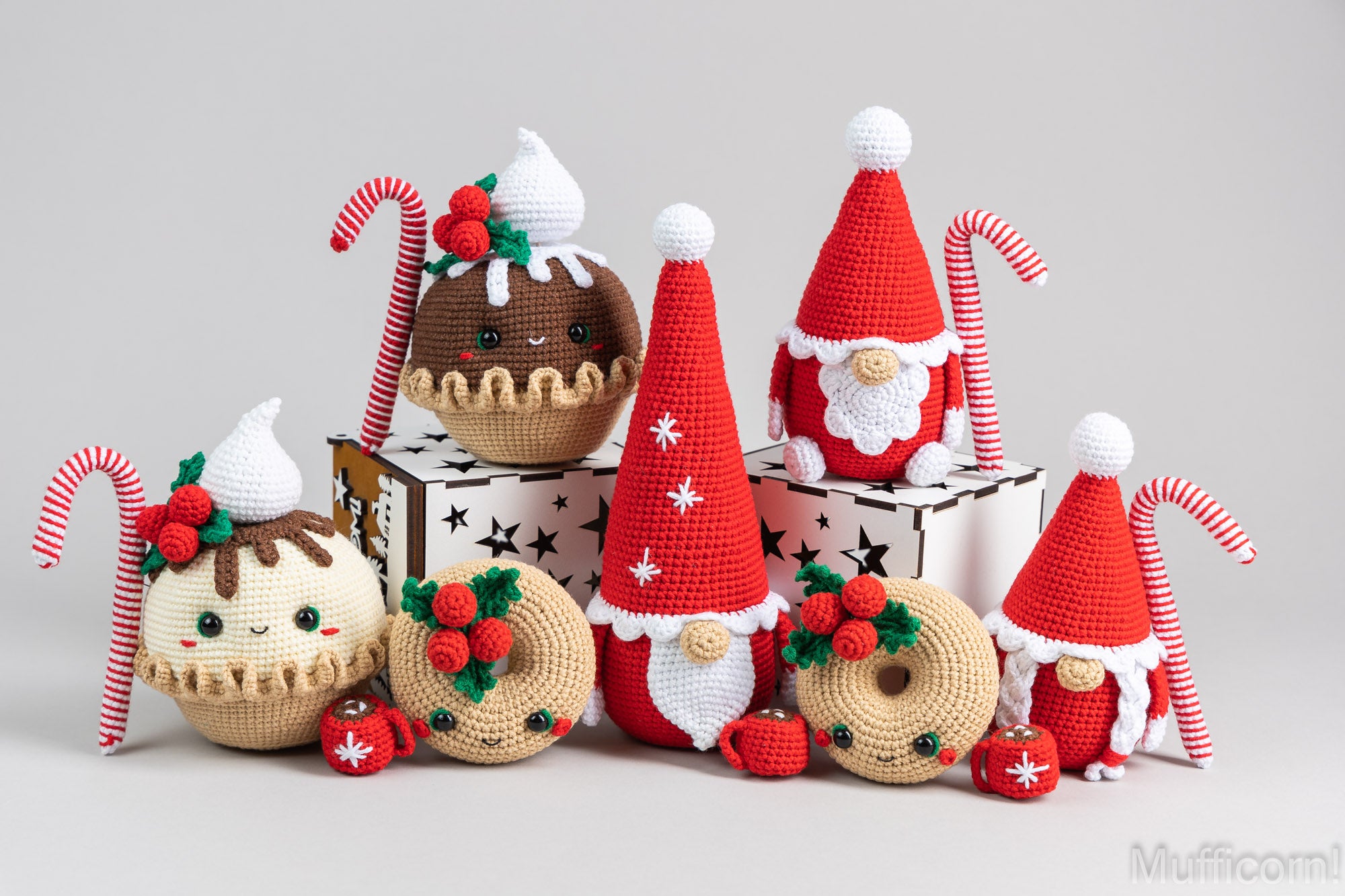 Crochet patterns bundle: Santa Gnomes, Christmas Pie, Donut and Snowflake Gnome