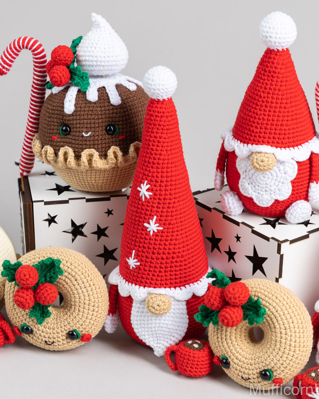 Crochet patterns bundle: Santa Gnomes, Christmas Pie, Donut and Snowflake Gnome