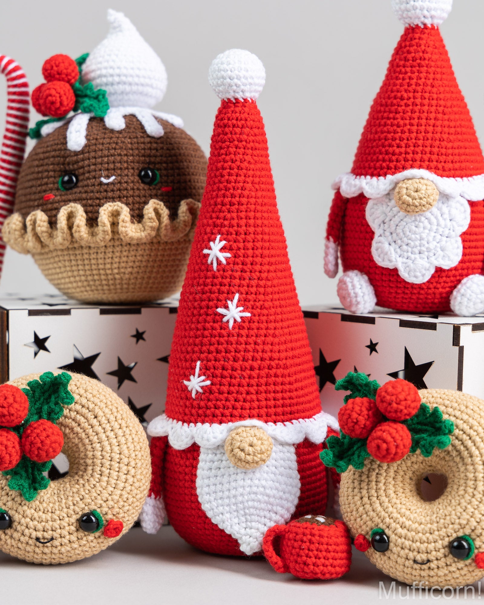 Crochet patterns bundle: Santa Gnomes, Christmas Pie, Donut and Snowflake Gnome