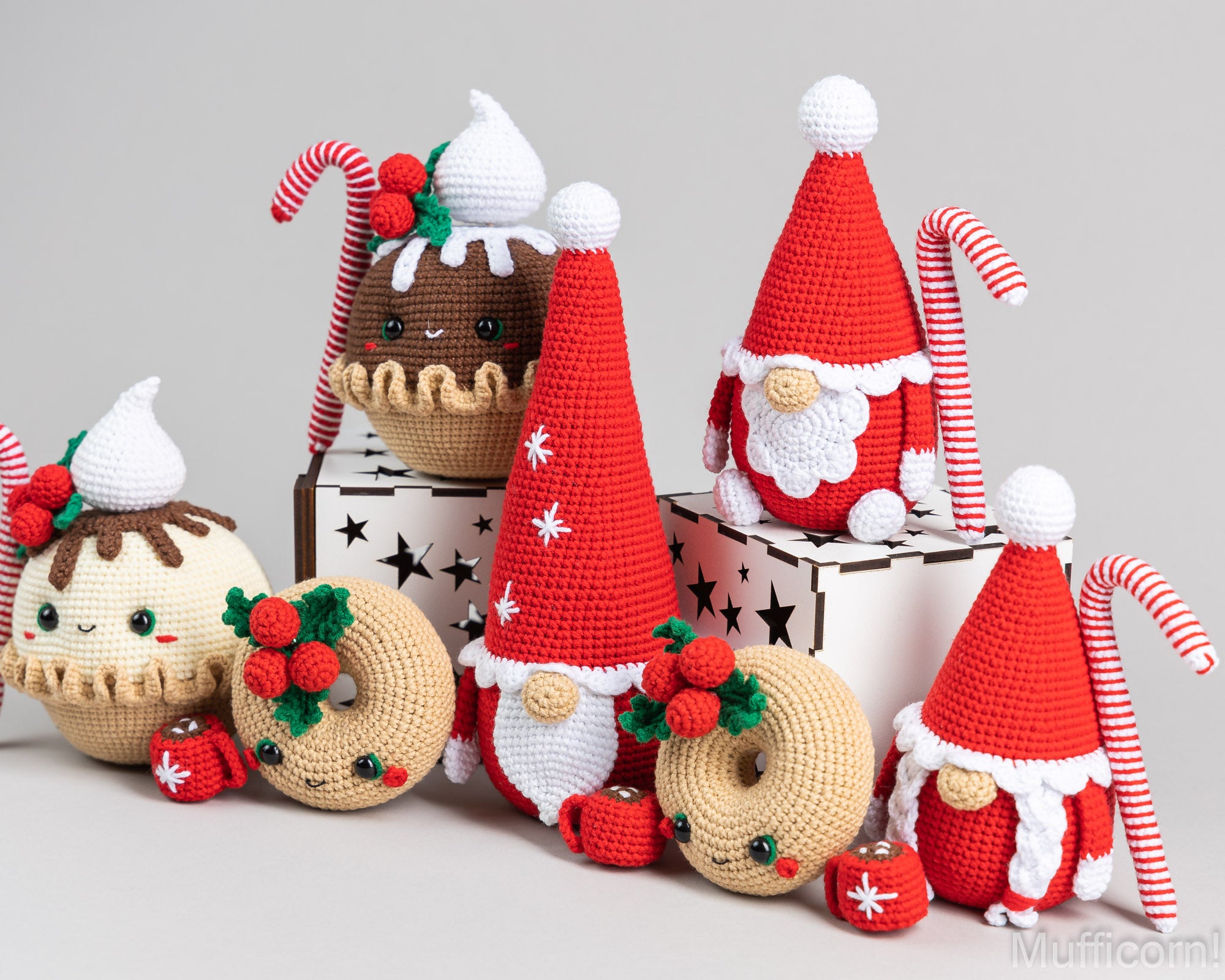 Crochet patterns bundle: Santa Gnomes, Christmas Pie, Donut and Snowflake Gnome