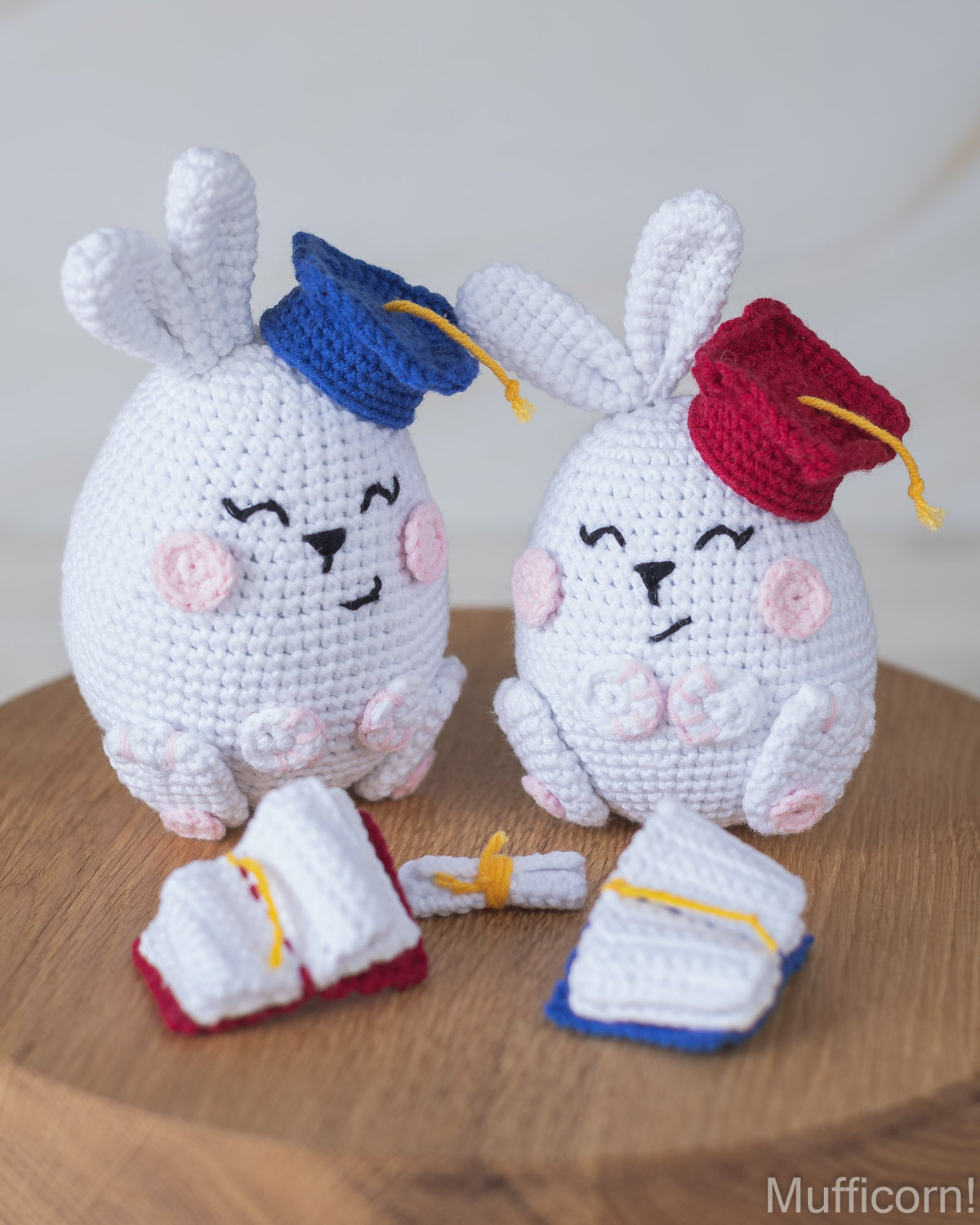 Crochet graduation bunnies close-up detail