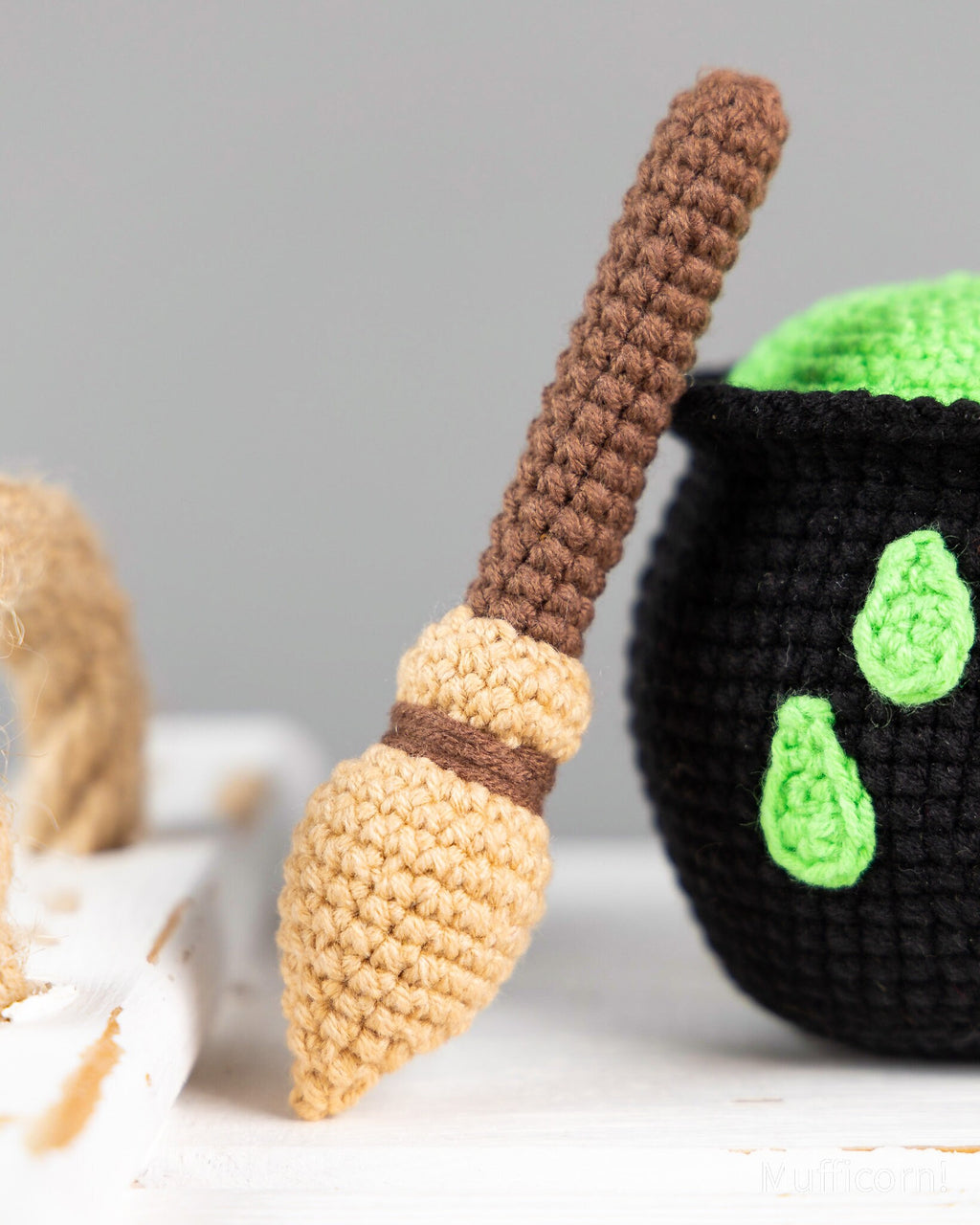 Witch broom with cauldron & witch hat