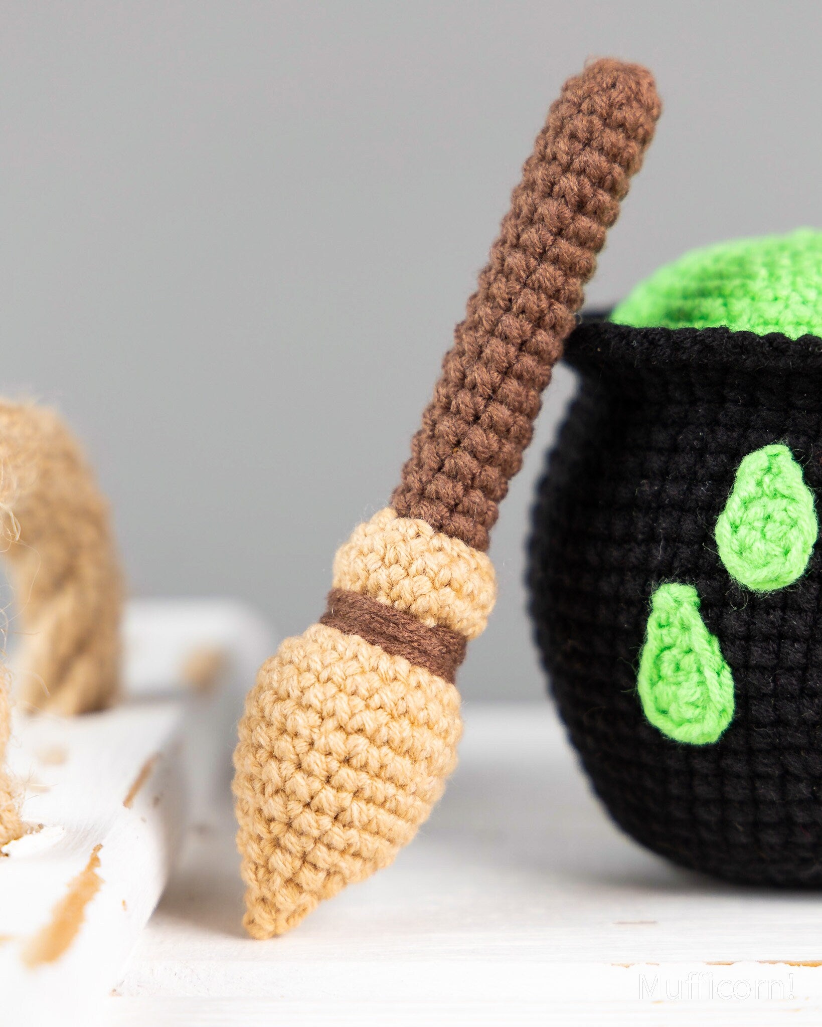 Witch broom with cauldron & witch hat