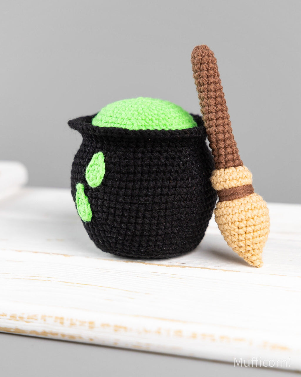 Witch broom with cauldron & witch hat