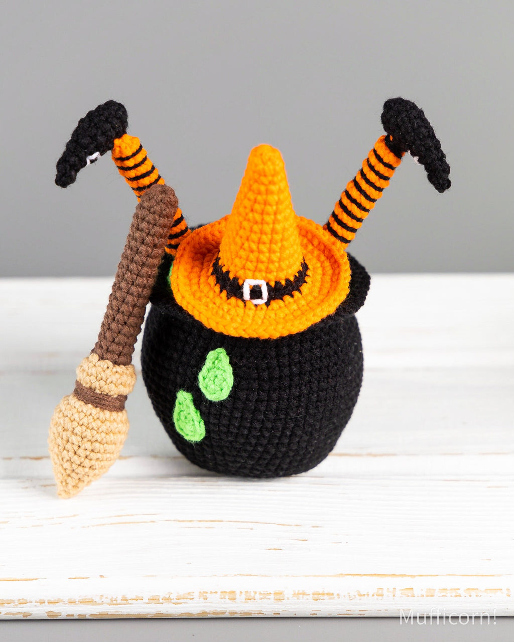 Witch broom with cauldron & witch hat