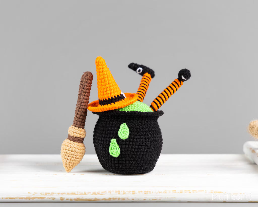 Witch broom with cauldron & witch hat