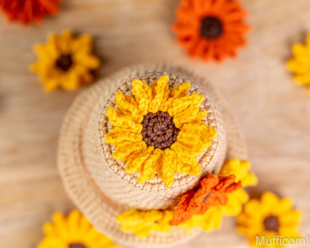 Crochet sunflower detail on garden gnome hat