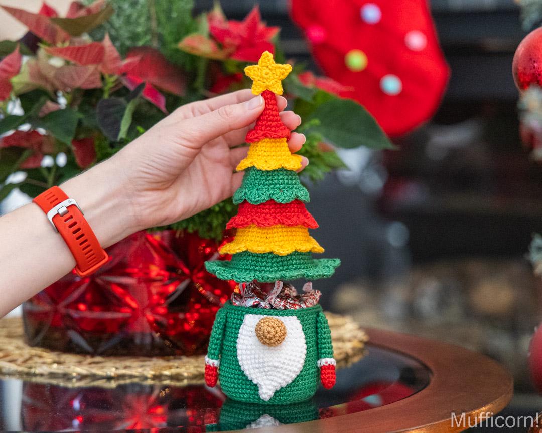Christmas Tree Gnome Candy Keeper with Ruffled Hat