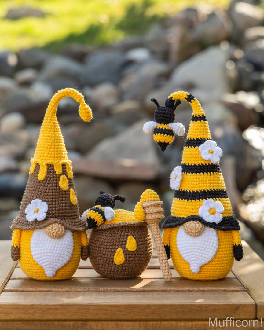 Crochet patterns bundle: Honey and Bee gnomes with honey pot