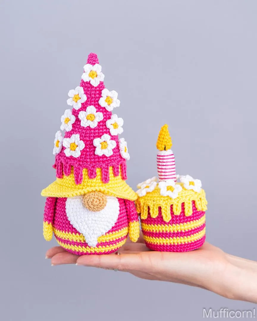 Birthday Gnome with Flowers and Cake