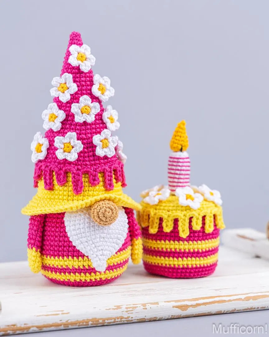 Birthday Gnome with Flowers and Cake