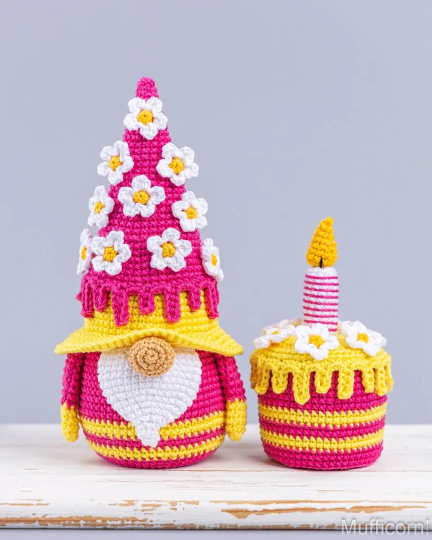 Birthday Gnome with Flowers and Cake