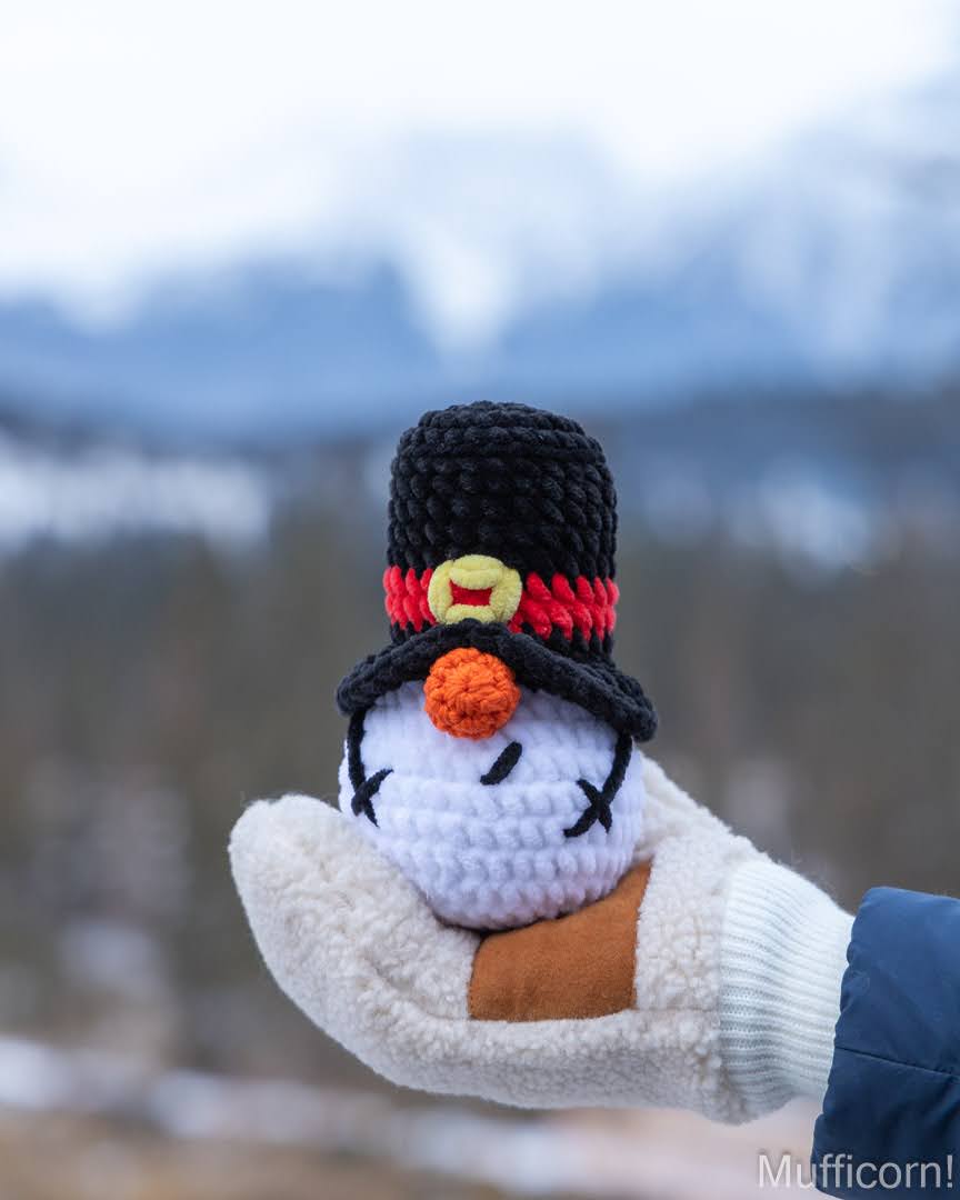 A small crocheted snowman gnome held in a white fleece glove, with a blurred mountain landscape in the background. The snowman has a black hat with red and yellow accents, a white body, and an orange nose.