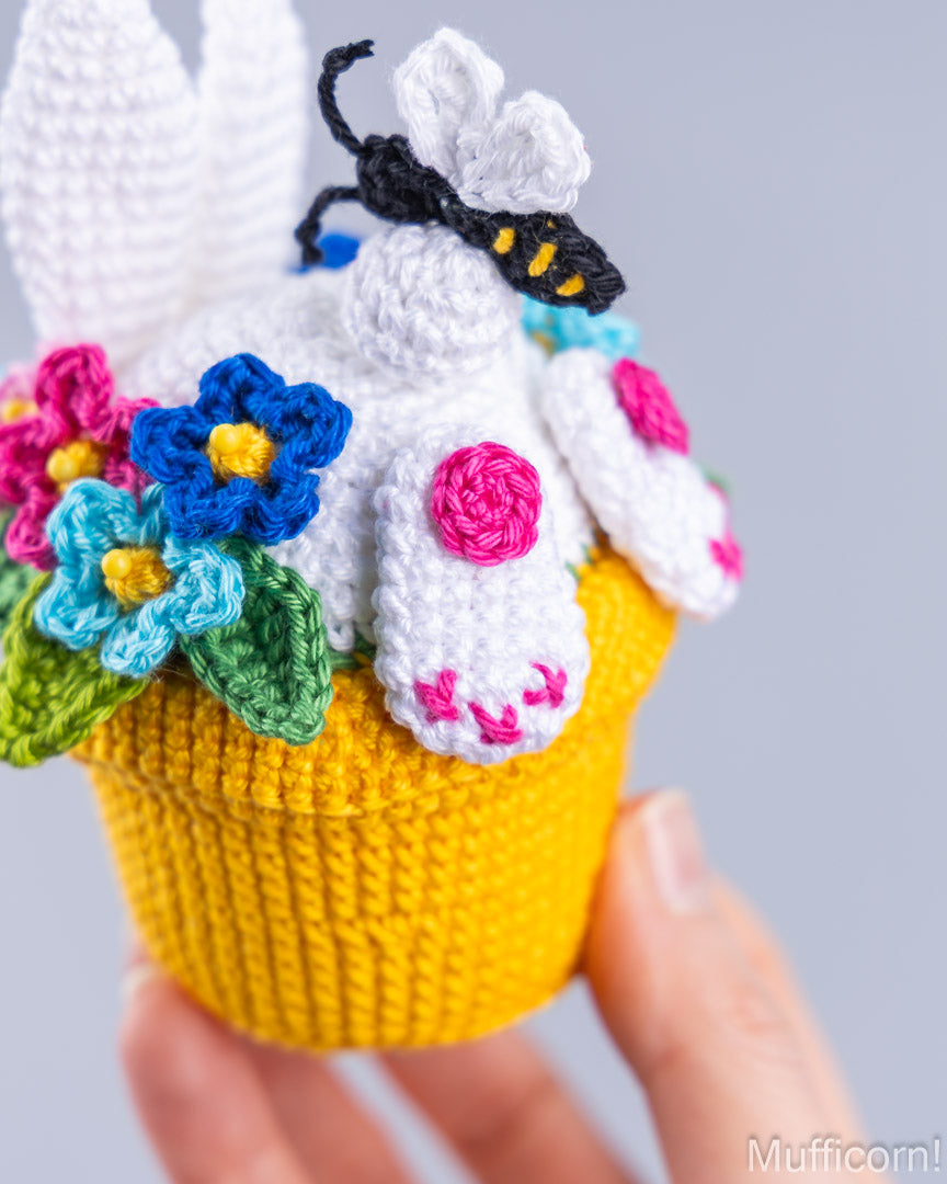 Crochet bunny in pot feet detail close-up