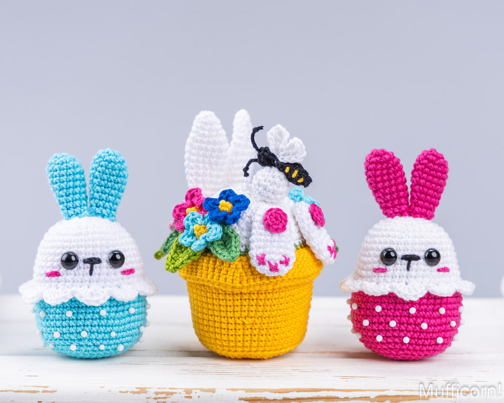 Crochet Easter bunnies with bunny hiding in pot