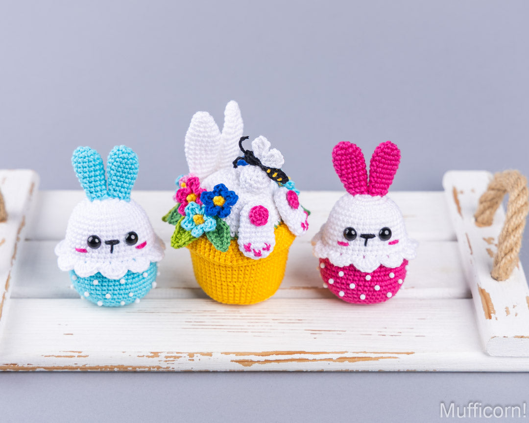 Crochet Easter bunny in pot side angle