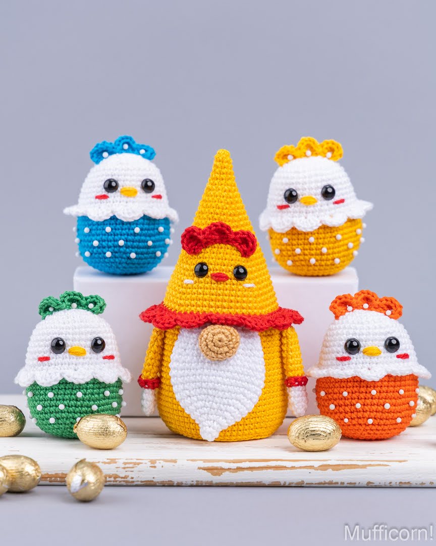 Five crocheted Easter-themed bird gnomes arranged on white risers with gold candy eggs around them, set against a solid gray studio background. The central gnome is yellow with a red hat and white beard, flanked by four smaller gnomes in blue, green, orange, and yellow-and-white.