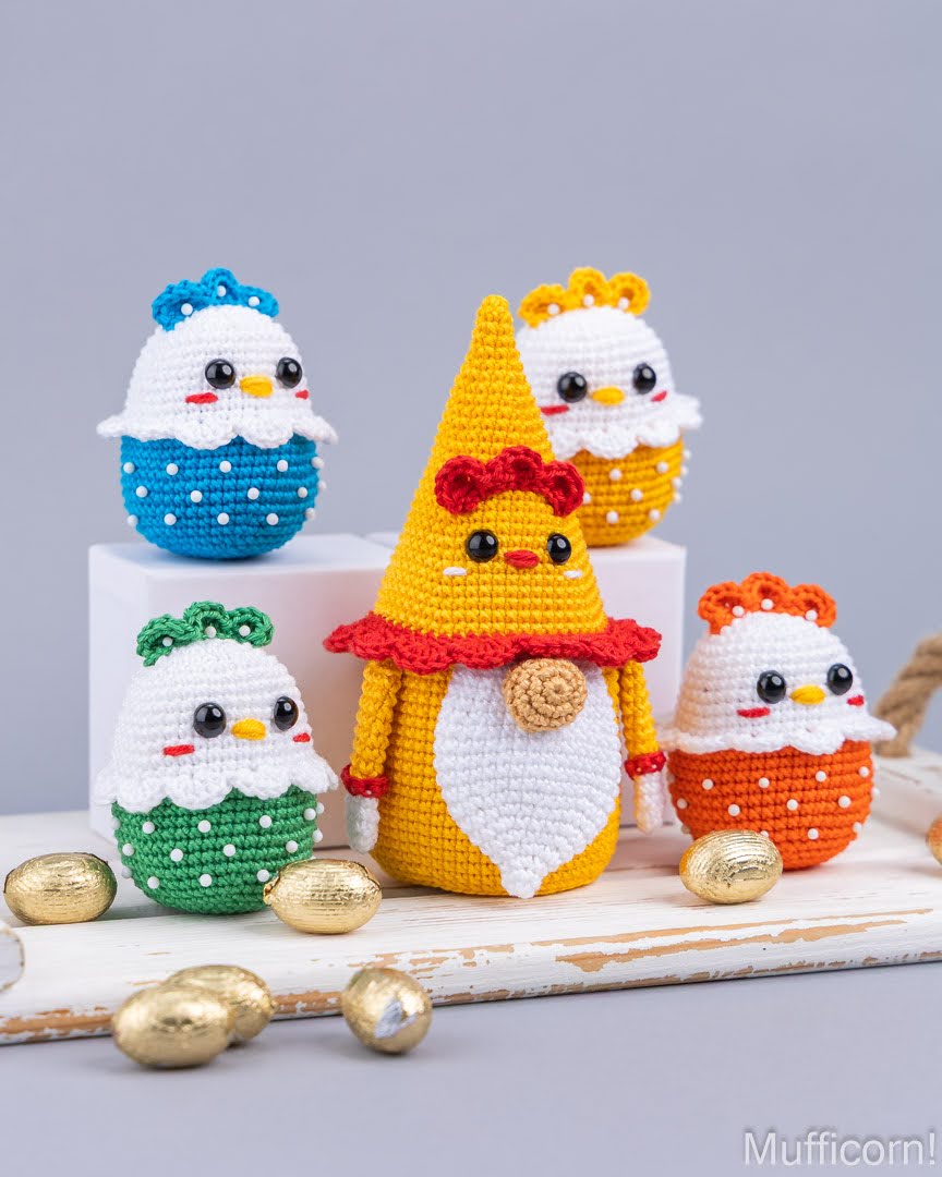 Five crocheted Easter-themed character figures arranged on a white surface with gold chocolate eggs against a light gray background. The set includes a large yellow rooster with a red collar and white beard, a blue chick, a green chick, an orange chick, and a small yellow chick with a crown.