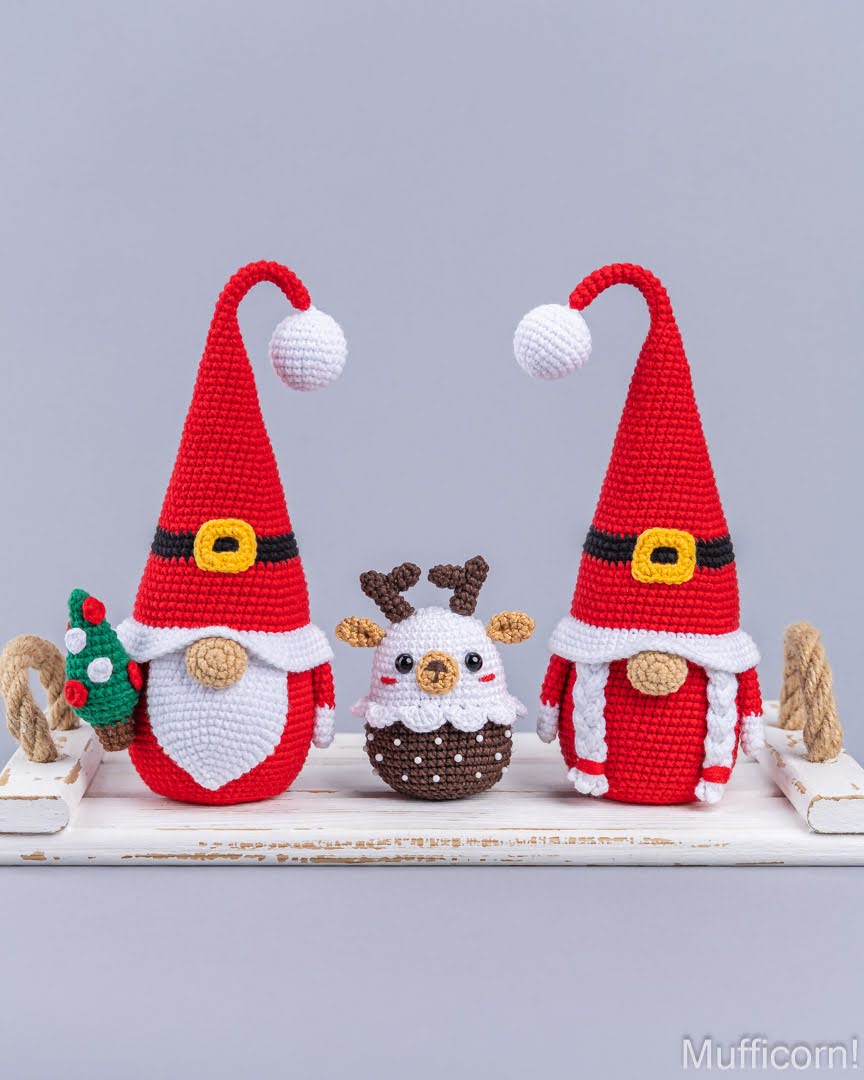Three crocheted Christmas gnomes and a small reindeer decoration arranged on a white shelf against a light gray background. The gnomes are red with white hats and beards, one has a yellow belt detail, and the center reindeer is brown with tan antlers.