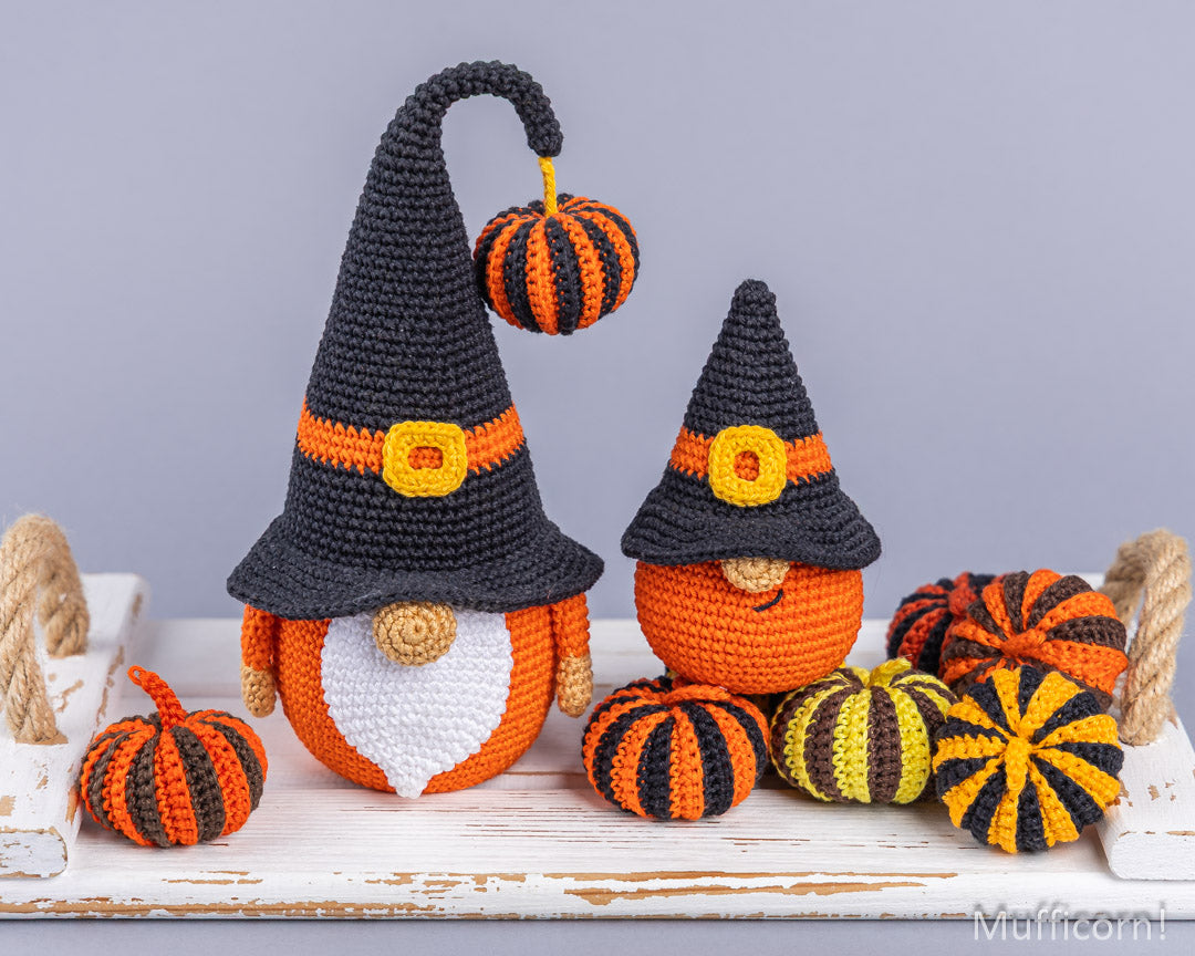 Halloween Gnomes Big and Small with Stripy Pumpkins