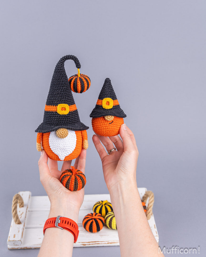 Halloween Gnomes Big and Small with Stripy Pumpkins