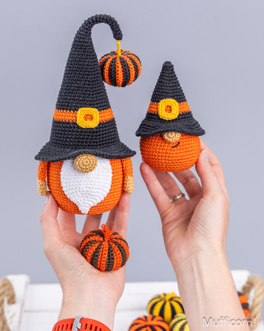 Halloween Gnomes Big and Small with Stripy Pumpkins