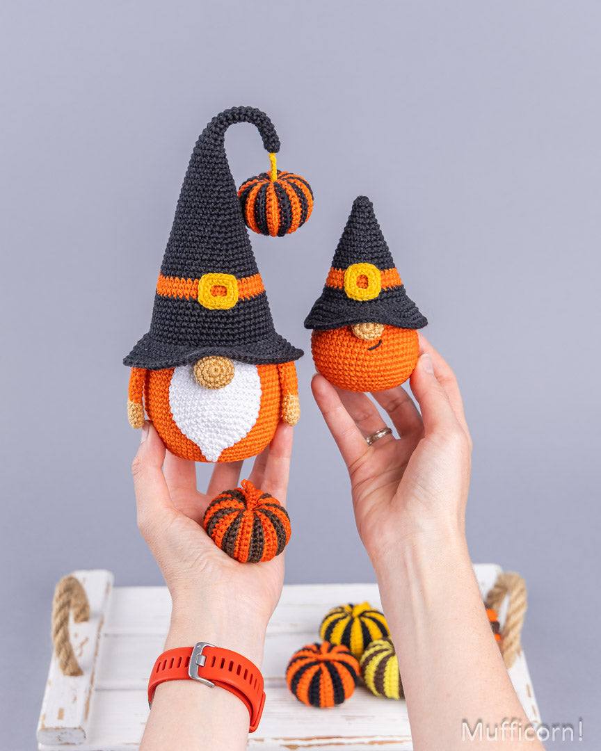 Halloween Gnomes Big and Small with Stripy Pumpkins