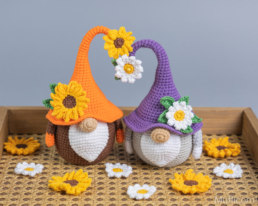 Crochet sunflower and daisy gnomes amigurumi pair