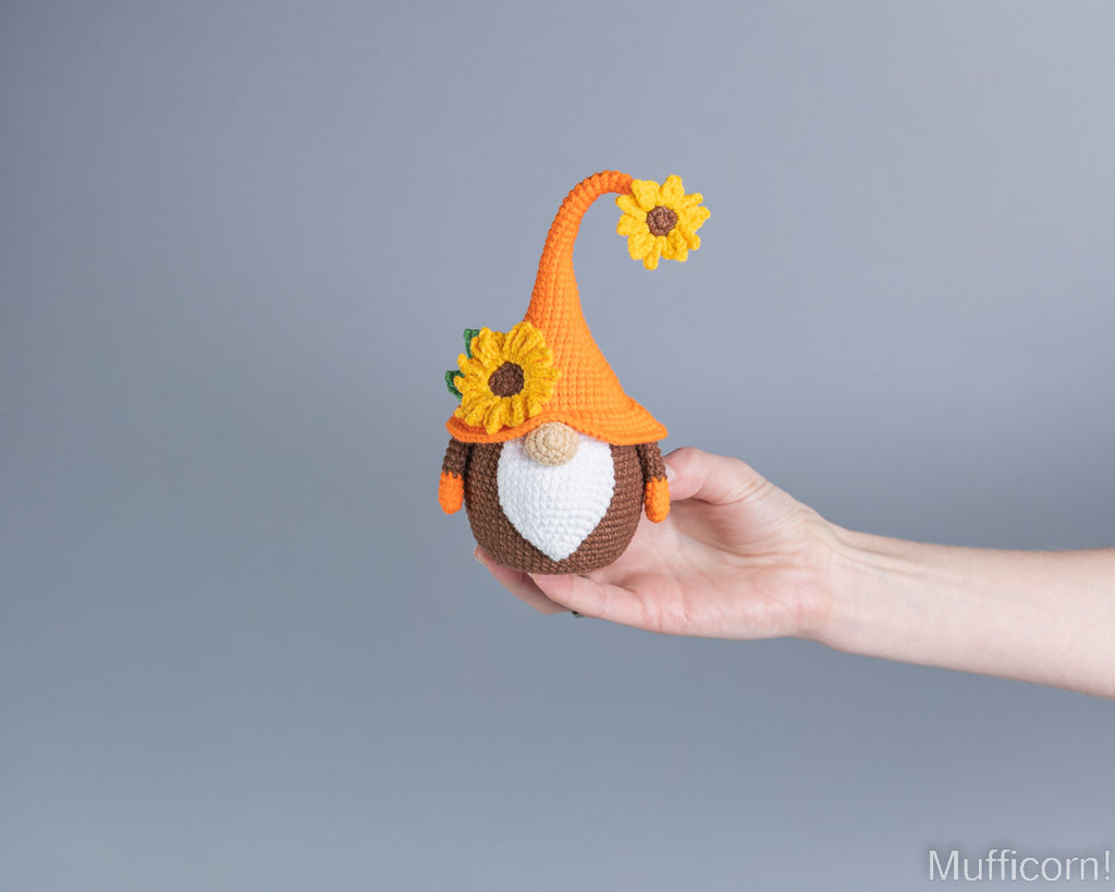 Mufficorn sunflower gnome crochet pattern finished piece